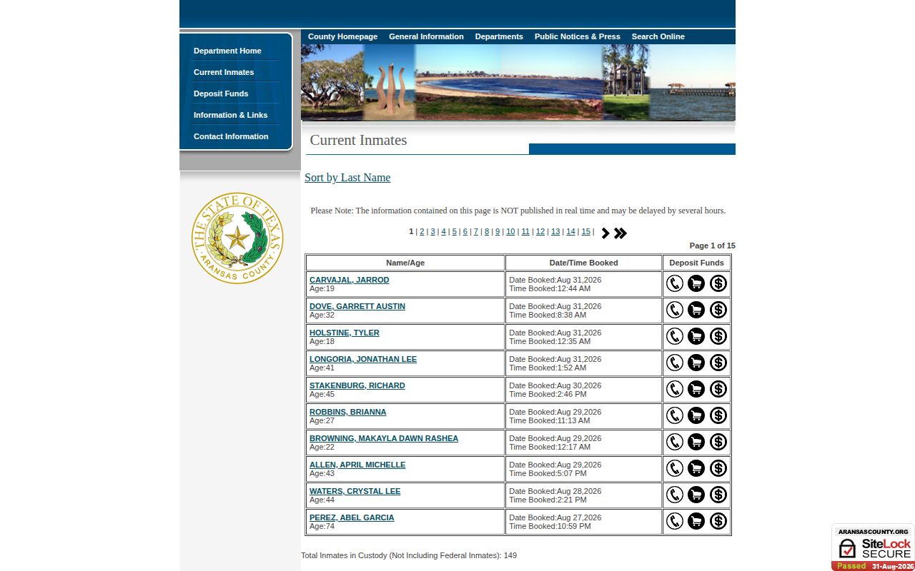 Aransas County current-inmate roster and booking record search