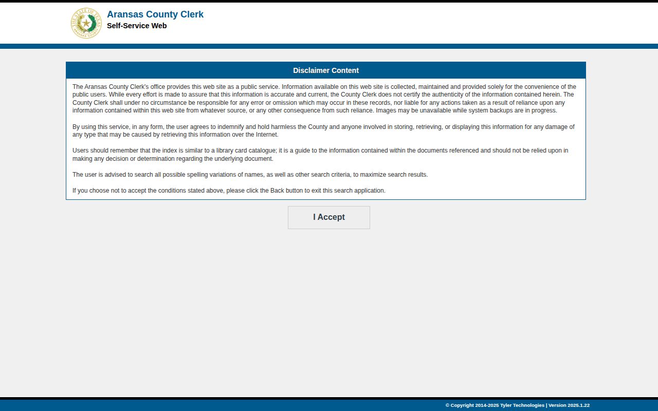 Aransas County warrant and court record portal disclaimer context