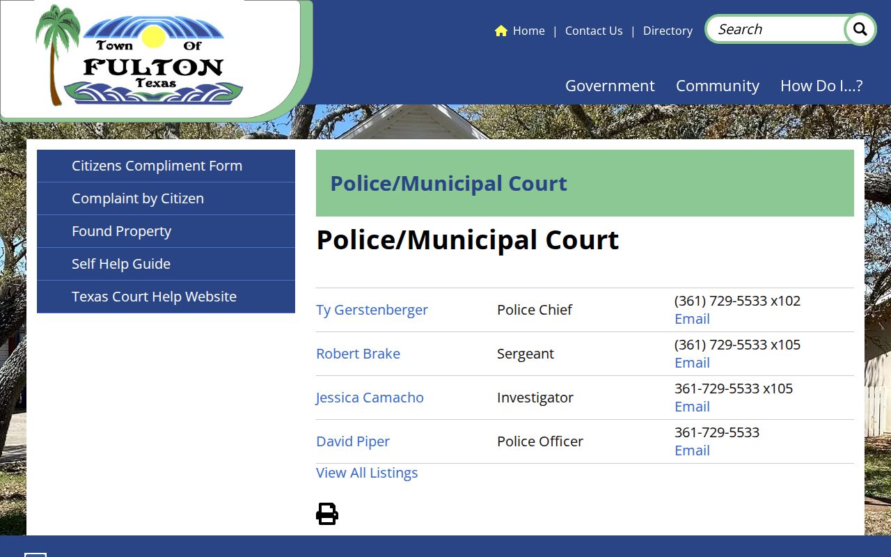 Fulton Police and Municipal Court official Aransas County arrest-record contact page