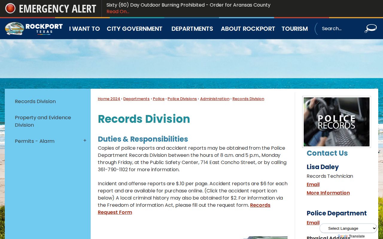 Rockport Records Division official Aransas County arrest-record request page